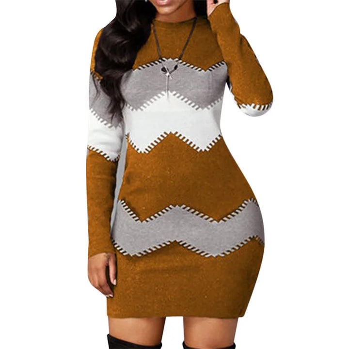 Women Elegant Patchwork Long Sleeve Warm Dress 2024 Autumn Winter Rib Knit Sweater Dress Casual Turtleneck Pullover Mini Dresses