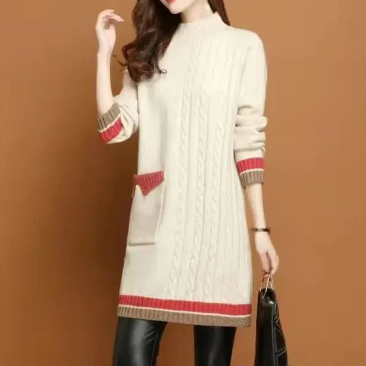 Women's Autumn Winter New Thick Mid-length Korean Commute Loose Half High Collar Patchwork Pocket Button Knitted Sweater Dresses