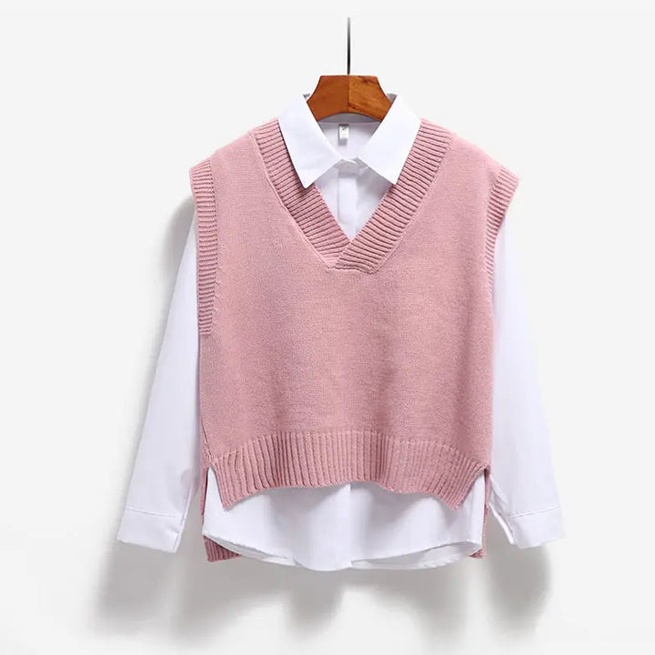 Women Sweater Vest Spring 2024 Autumn Women Short Loose Knitted Sweater Sleeveless V-Neck Pullover Tops Female Outerwear Pink