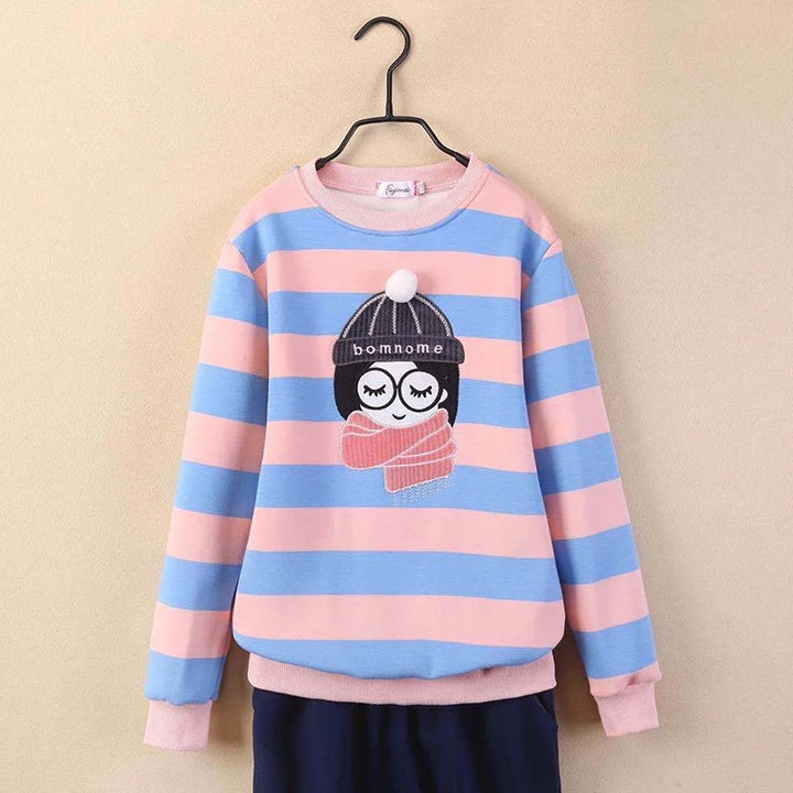 4 6 8 10 12 14 Year Teen Girls Sweatshirt Spring Kids Pullover Top Stripe Girls Clothes Winter Plus Velvet Warm Children Sweater